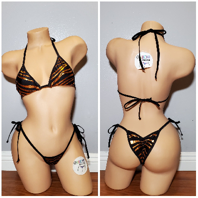 Gold and Black Tiger Stripes Print Micro String Bikini Set-5