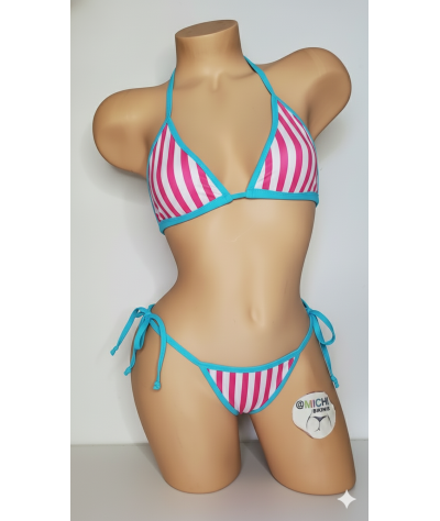 Vertical Pink and White Striped with Your Choice Trim Color 2 Piece Micro Bikini Set