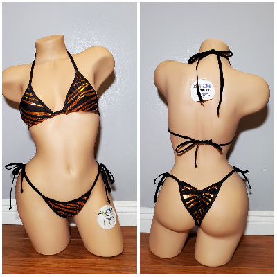 Gold and Black Tiger Stripes Print Micro String Bikini Set-6