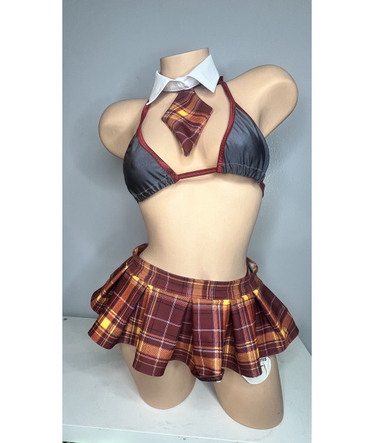 dark-red-plaid-micro-mini-pleated-skirt-costume-5-piece-set-w-grey-w-dark-red-trim-bikini-w-your-choice-coverage-combo