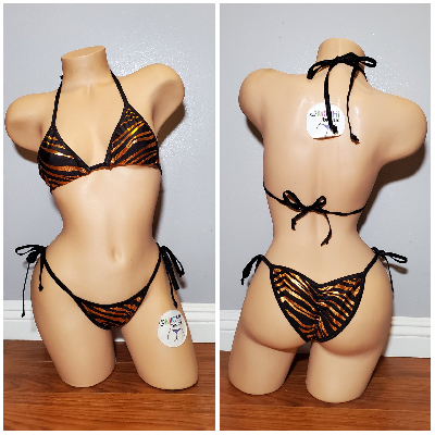 Gold and Black Tiger Stripes Print Micro String Bikini Set-7