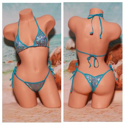Blue Holographic Rainbow Dots w Neon Aqua Trim  2 Piece Micro String Bikini Set One Size-17