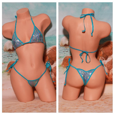 Blue Holographic Rainbow Dots w Neon Aqua Trim  2 Piece Micro String Bikini Set One Size-18