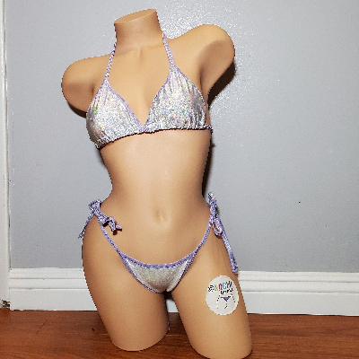 Holographic White w Your Choice Trim Color  2 Piece Micro Bikini Set-12