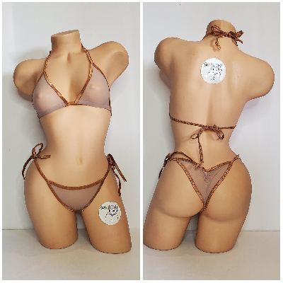 Nude Mesh with Tan Trim ***VERY SHEER*** 2pc Micro Bikini Set-8