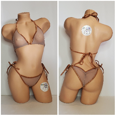 Nude Mesh with Tan Trim ***VERY SHEER*** 2pc Micro Bikini Set-9