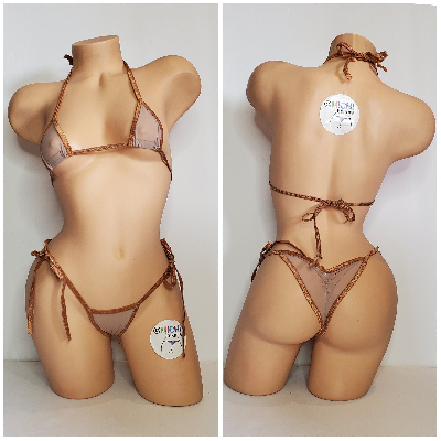 Nude Mesh with Tan Trim ***VERY SHEER*** 2pc Micro Bikini Set-10