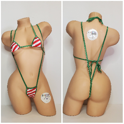 Red and White Diagonal Striped with Your Choice Trim Color 2 Piece Micro String Bikini Set One Size-7