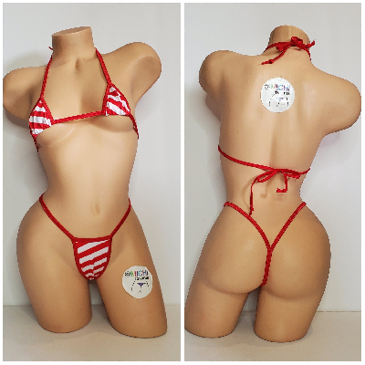 Red and White Diagonal Striped with Your Choice Trim Color 2 Piece Micro String Bikini Set One Size-8