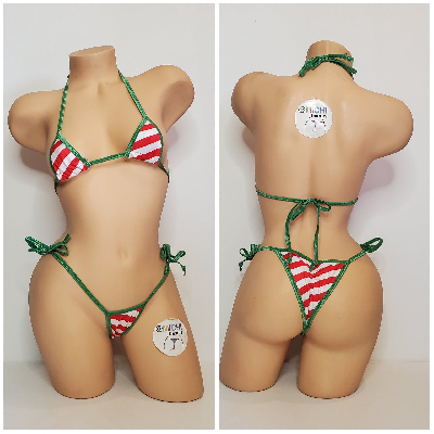 Red and White Diagonal Striped with Your Choice Trim Color 2 Piece Micro String Bikini Set One Size-11