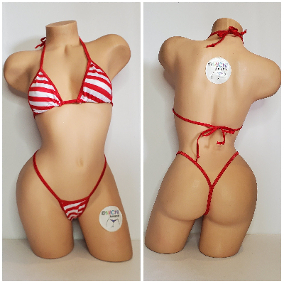 Red and White Diagonal Striped with Your Choice Trim Color 2 Piece Micro String Bikini Set One Size-15