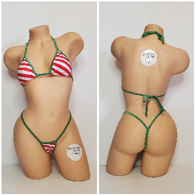 Red and White Diagonal Striped with Your Choice Trim Color 2 Piece Micro String Bikini Set One Size-16