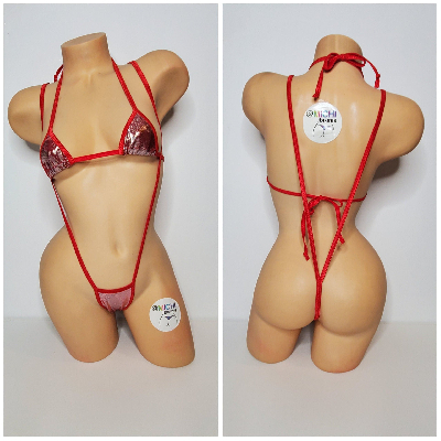 Retro Red w Silver Polka Dots w Your Choice Trim Color 2 Piece Micro String Bikini Set One Size-10