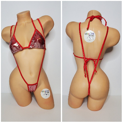 Retro Red w Silver Polka Dots w Your Choice Trim Color 2 Piece Micro String Bikini Set One Size-11