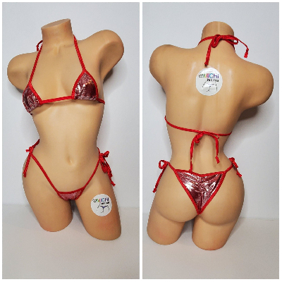 Retro Red w Silver Polka Dots w Your Choice Trim Color 2 Piece Micro String Bikini Set One Size-13