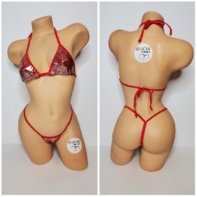 Retro Red w Silver Polka Dots w Your Choice Trim Color 2 Piece Micro String Bikini Set One Size-14