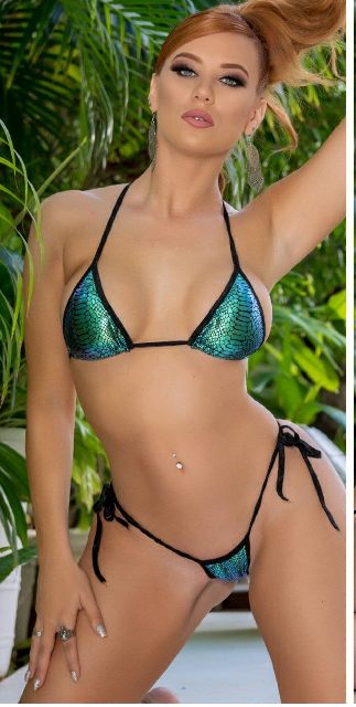 Multi Color Snake Skin Pattern w Black Trim 2 Piece Micro String Bikini Set One Size