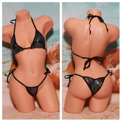 Multi Color Snake Skin Pattern w Black Trim 2 Piece Micro String Bikini Set One Size-5