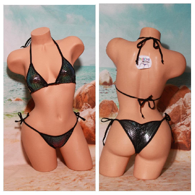 Multi Color Snake Skin Pattern w Black Trim 2 Piece Micro String Bikini Set One Size-7