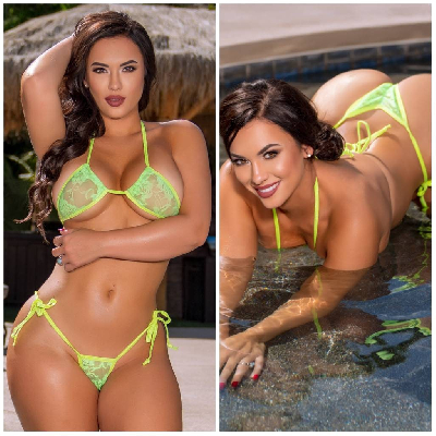 Neon Green Lace *VERY SHEER* w Neon Green Trim 2 Piece Micro Bikini Set-6