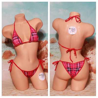 Magenta Pink Plaid Pattern w/ Magenta Trim 2 Piece Micro Bikini Set One Size-2
