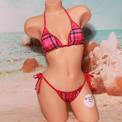 Magenta Pink Plaid Pattern w/ Magenta Trim 2 Piece Micro Bikini Set One Size-4