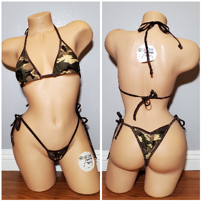 Brown Camouflage Print with Brown Trim 2 Piece Micro String Bikini Set-0