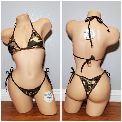Brown Camouflage Print with Brown Trim 2 Piece Micro String Bikini Set-1