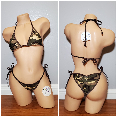 Brown Camouflage Print with Brown Trim 2 Piece Micro String Bikini Set-2