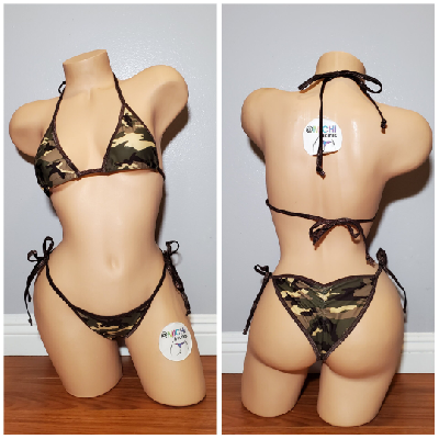 Brown Camouflage Print with Brown Trim 2 Piece Micro String Bikini Set-4