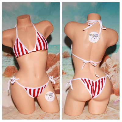Red & White Vertical Striped with White 2Pc Micro String Bikini Set One Size-10