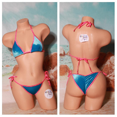Sky Blue Velvet Stretch Fabric w Your Choice Trim Color 2 Piece Micro String Bikini Set One Size-11