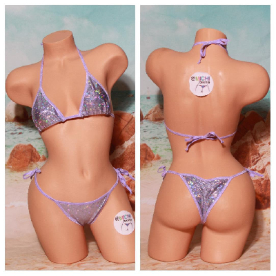 Shattered Holographic Periwinkle w Periwinkle Trim 2 Piece Micro String Bikini Set One Size-11