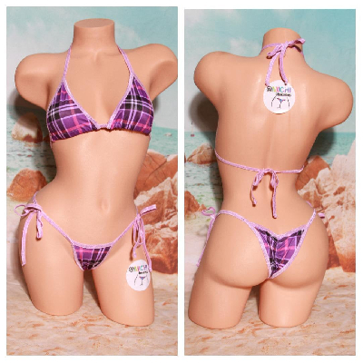 Purple & Pink Plaid Pattern w/ Lavender Trim  2 Piece Micro String Bikini Set One Size-7