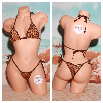 Brown and Tan Leopard Print w Brown Trim 2pc Micro Bikini Set-18