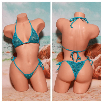 Teal Blue Sequin Mesh (Semi Sheer) & Your Choice Trim Color Micro String Bikini Set One Size-16