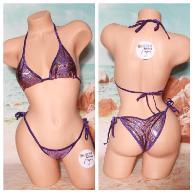 Holographic Purple with Purple Trim 2 Piece Micro String Bikini Set One Size-3