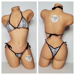 White & Black Snake Skin Pattern w Black Trim 2 Piece Micro String Bikini Set One Size