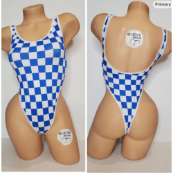Blue and White Checker Print with Your Choice Trim Color 1 Piece Bodysuit Size SMALL