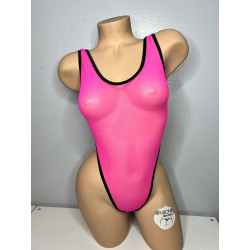 Hot Pink Mesh with Your Choice Trim Color Very Sheer 1 Piece Bodysuit Size SMALL