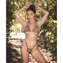 Brown and Tan Leopard Print w Brown Trim 2pc Micro Bikini Set